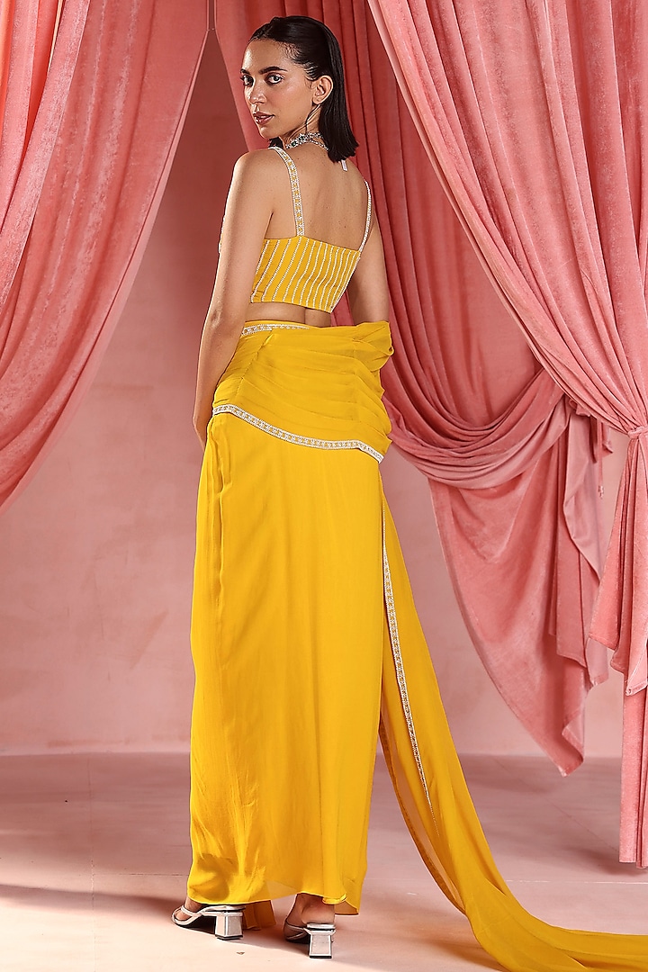 Mustard Georgette Embellished Draped Skirt Set by Seema Thukral at Pernia's Pop Up Shop