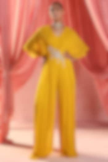 Mustard Georgette Crystal & Zari Embroidered Draped Jumpsuit by Seema Thukral at Pernia's Pop Up Shop