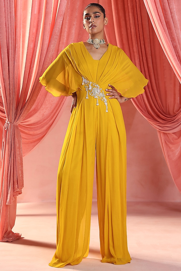 Mustard Georgette Crystal & Zari Embroidered Draped Jumpsuit by Seema Thukral at Pernia's Pop Up Shop