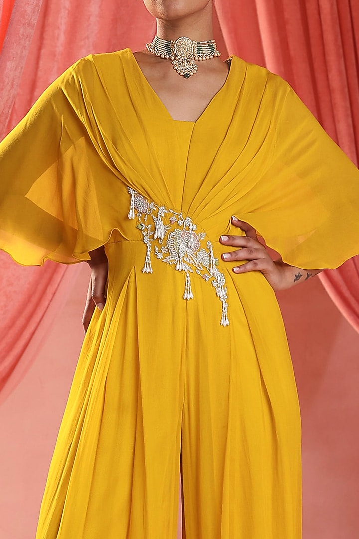 Mustard Georgette Crystal & Zari Embroidered Draped Jumpsuit by Seema Thukral at Pernia's Pop Up Shop