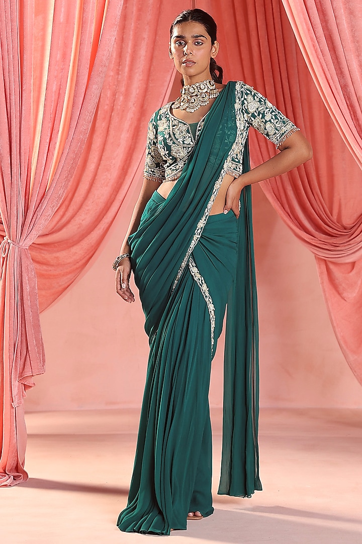 Emerald Green Georgette Embellished Pre-Stitched Saree Set by Seema Thukral at Pernia's Pop Up Shop