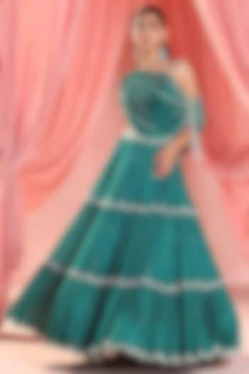 Emerald Green Chiffon Embellished Tiered Skirt Set by Seema Thukral at Pernia's Pop Up Shop