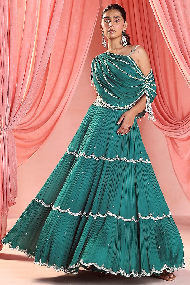 Emerald Green Chiffon Embellished Tiered Skirt Set by Seema Thukral at Pernia's Pop Up Shop