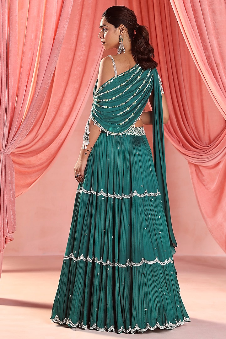 Emerald Green Chiffon Embellished Tiered Skirt Set by Seema Thukral at Pernia's Pop Up Shop