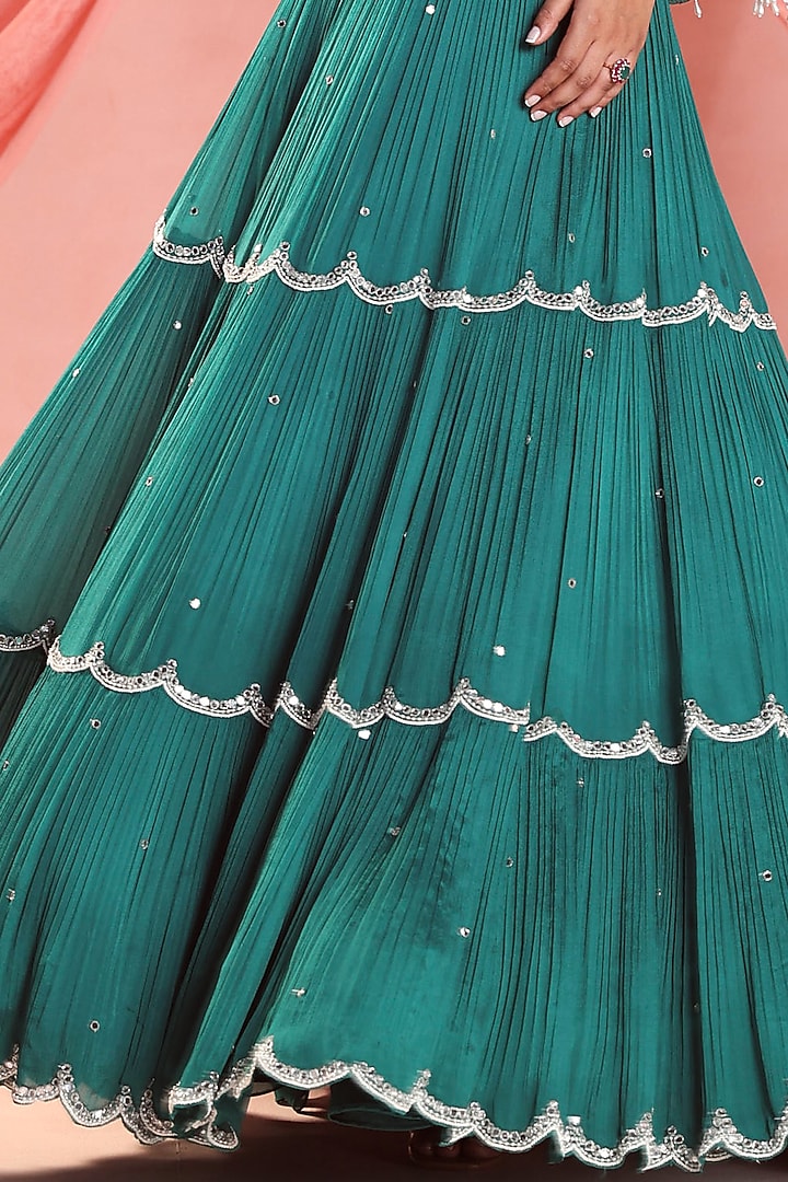 Emerald Green Chiffon Embellished Tiered Skirt Set by Seema Thukral at Pernia's Pop Up Shop