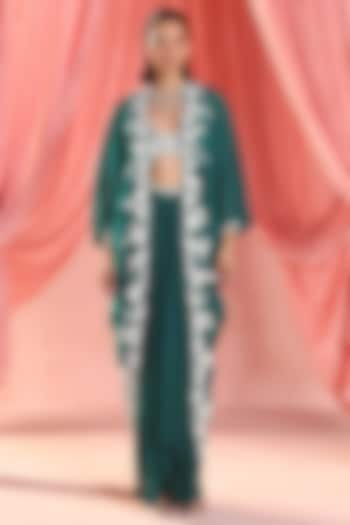 Emerald Green Organza Sequins & Pearl Embellished Cape Set by Seema Thukral at Pernia's Pop Up Shop