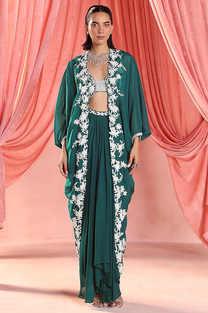 Emerald Green Organza Sequins & Pearl Embellished Cape Set by Seema Thukral at Pernia's Pop Up Shop