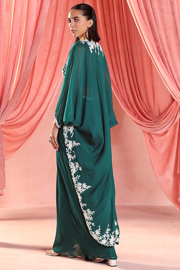 Emerald Green Organza Sequins & Pearl Embellished Cape Set by Seema Thukral at Pernia's Pop Up Shop