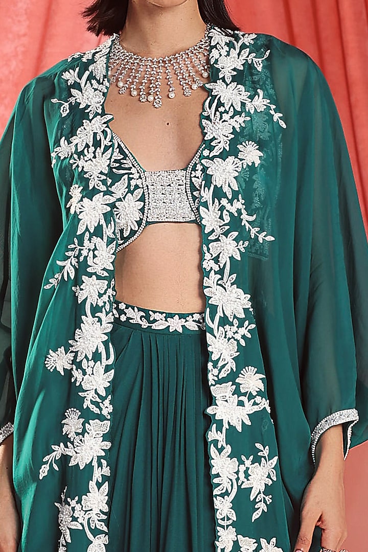 Emerald Green Organza Sequins & Pearl Embellished Cape Set by Seema Thukral at Pernia's Pop Up Shop