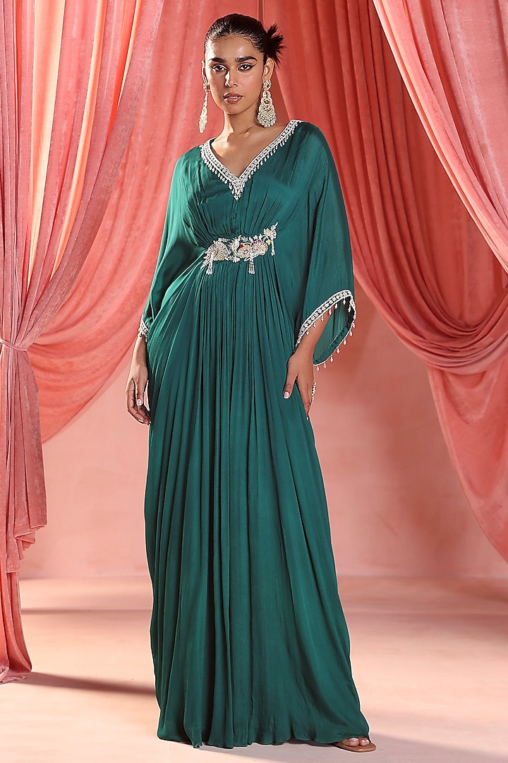 Emerald Green Chiffon Pearl & Sequins Embellished Kaftan by Seema Thukral