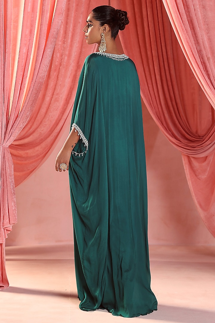 Emerald Green Chiffon Pearl & Sequins Embellished Kaftan by Seema Thukral at Pernia's Pop Up Shop