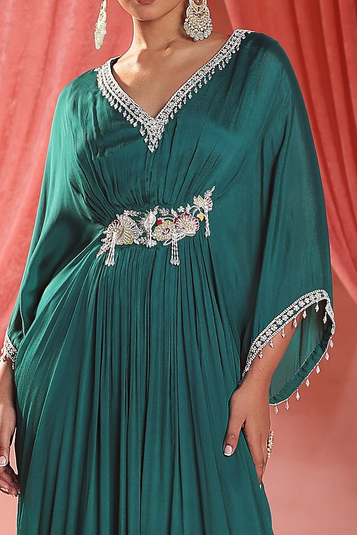 Emerald Green Chiffon Pearl & Sequins Embellished Kaftan by Seema Thukral at Pernia's Pop Up Shop