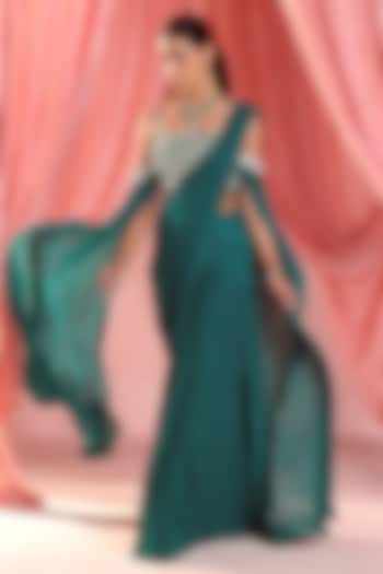 Emerald Green Georgette & Chiffon Pre-Draped Saree Set by Seema Thukral