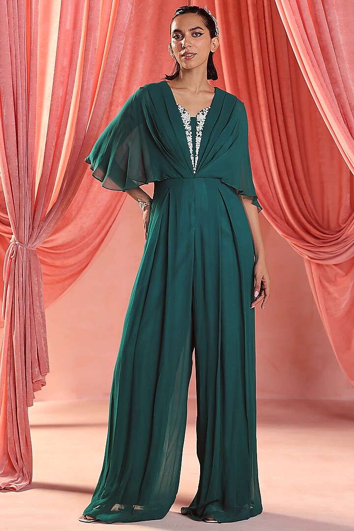 Emerald Green Georgette Sequins & Glass Beads Embroidered Draped Jumpsuit by Seema Thukral