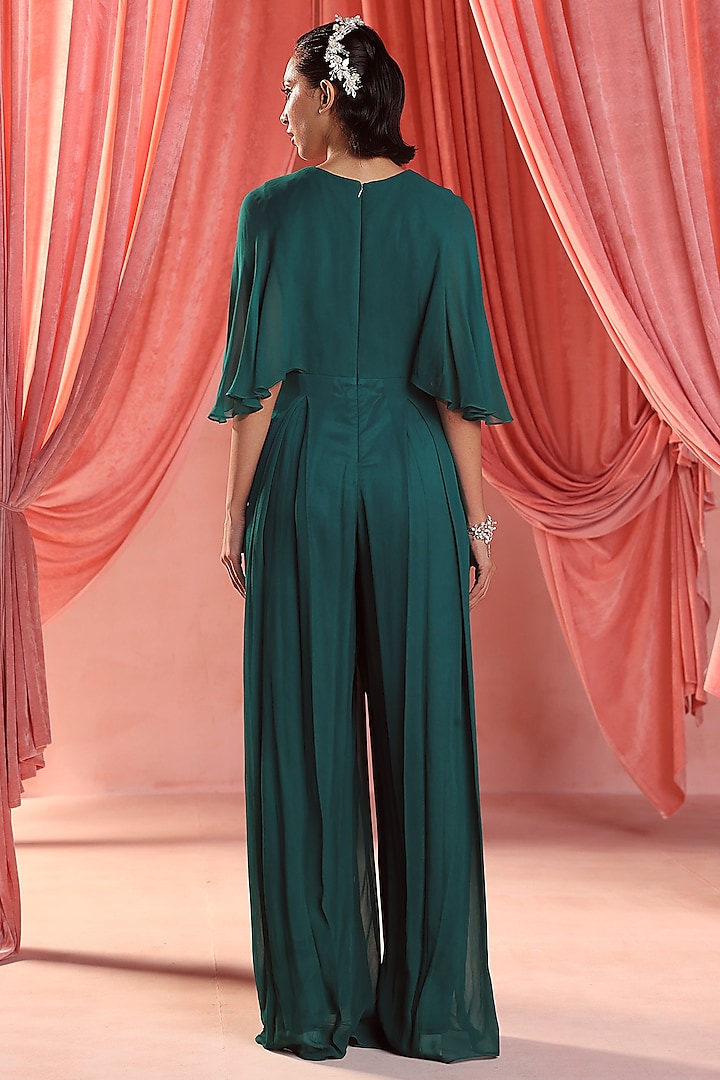 Emerald Green Georgette Sequins & Glass Beads Embroidered Draped Jumpsuit by Seema Thukral at Pernia's Pop Up Shop