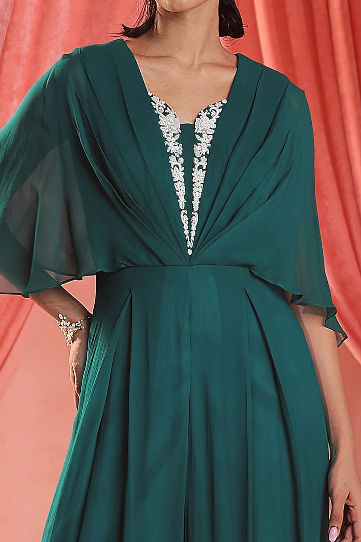 Emerald Green Georgette Sequins & Glass Beads Embroidered Draped Jumpsuit by Seema Thukral at Pernia's Pop Up Shop