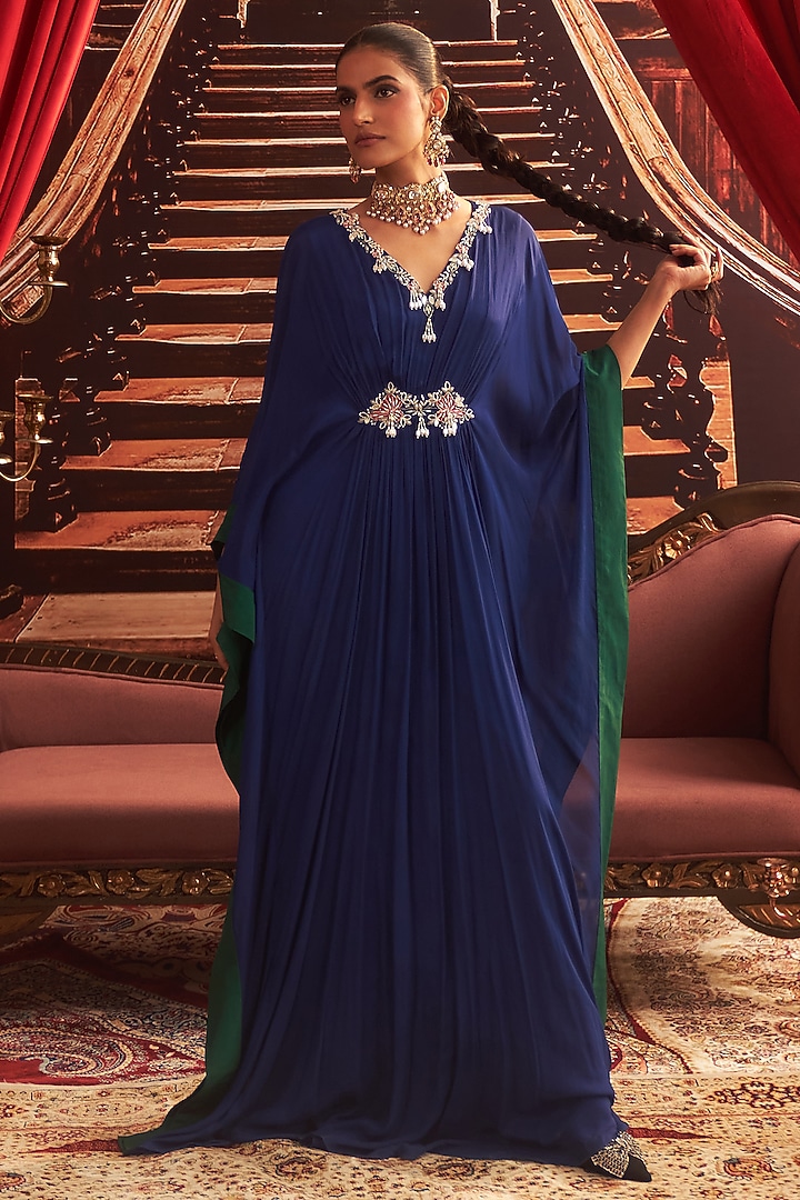 Electric Blue Chiffon Embellished Draped Kaftan by Seema Thukral at Pernia's Pop Up Shop