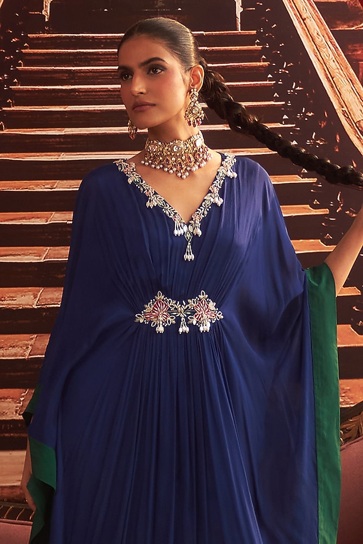 Electric Blue Chiffon Embellished Draped Kaftan by Seema Thukral at Pernia's Pop Up Shop