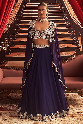 Purple Georgette Jacket Lehenga Set by Seema Thukral