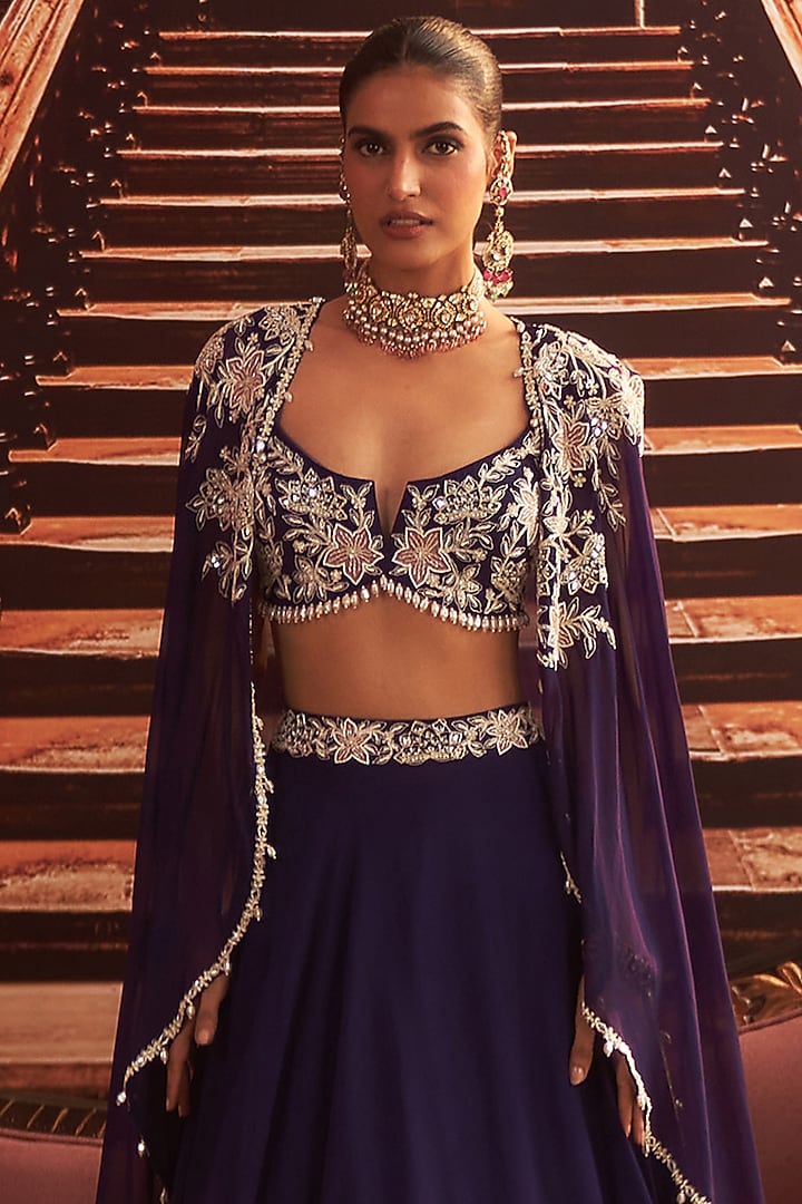 Purple Georgette Jacket Wedding Lehenga Set by Seema Thukral at Pernia's Pop Up Shop