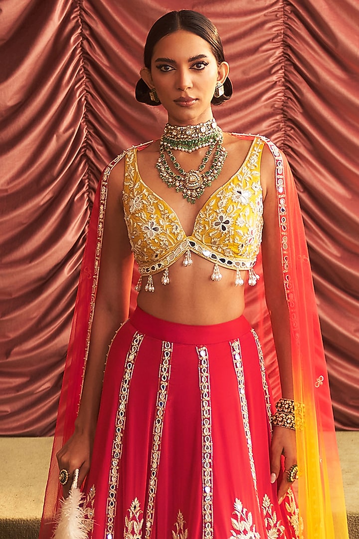 Rani Pink Georgette & Chiffon Hand Embroidered Wedding Lehenga Set by Seema Thukral at Pernia's Pop Up Shop