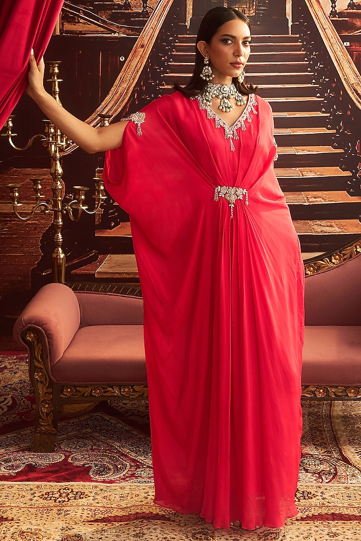 Rani Pink Chiffon Embellished Draped Kaftan by Seema Thukral at Pernia's Pop Up Shop