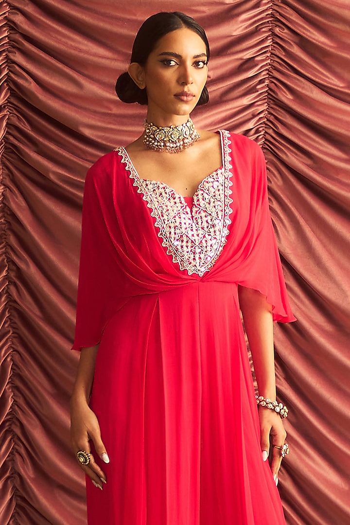 Rani Pink Chiffon Embellished Draped Jumpsuit by Seema Thukral at Pernia's Pop Up Shop