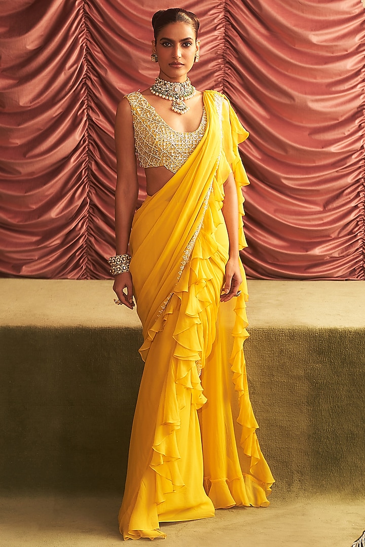 Yellow Georgette Pre-Draped Ruffled Saree Set by Seema Thukral