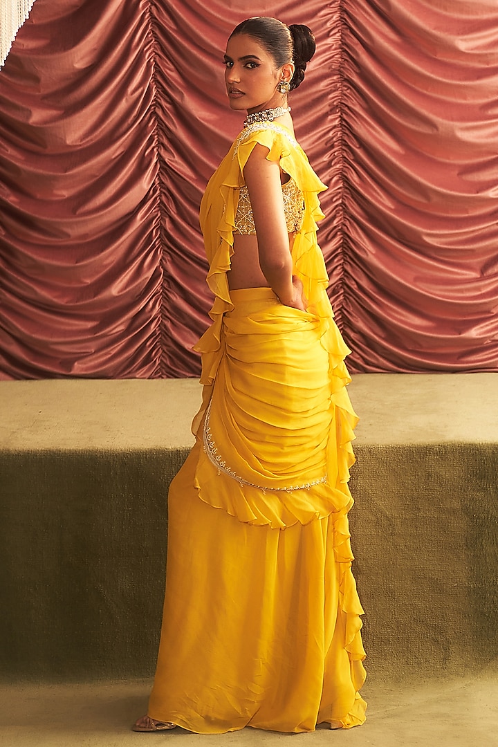Yellow Georgette Pre-Draped Ruffled Wedding Saree Set by Seema Thukral at Pernia's Pop Up Shop
