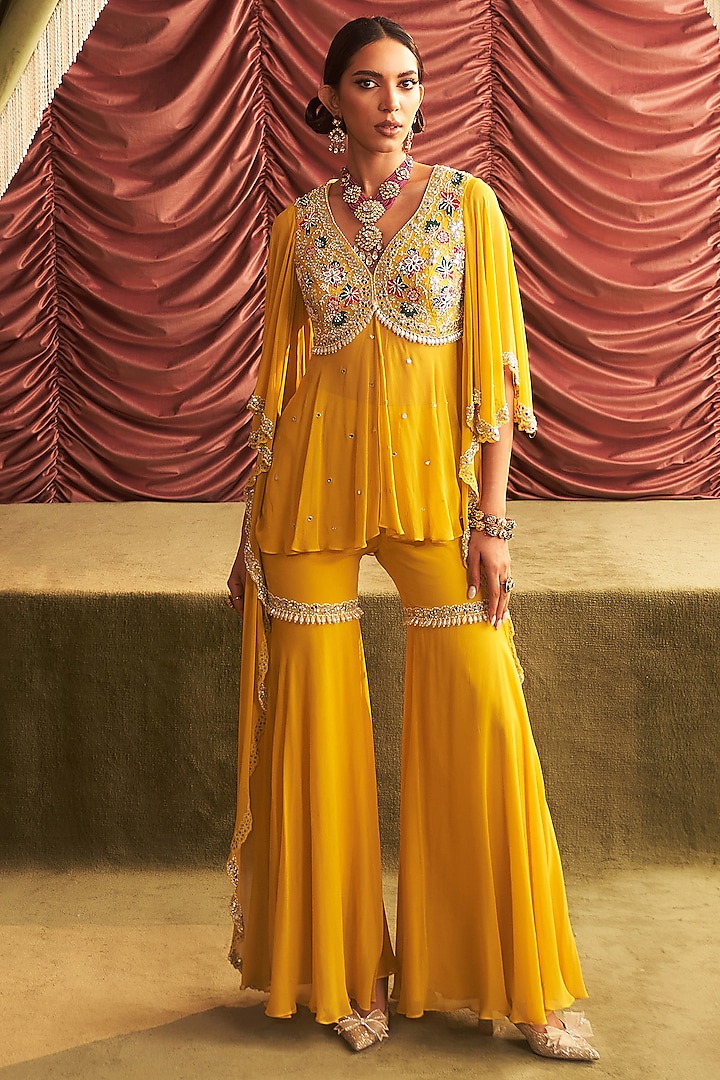 Yellow Georgette Gharara Set by Seema Thukral at Pernia's Pop Up Shop