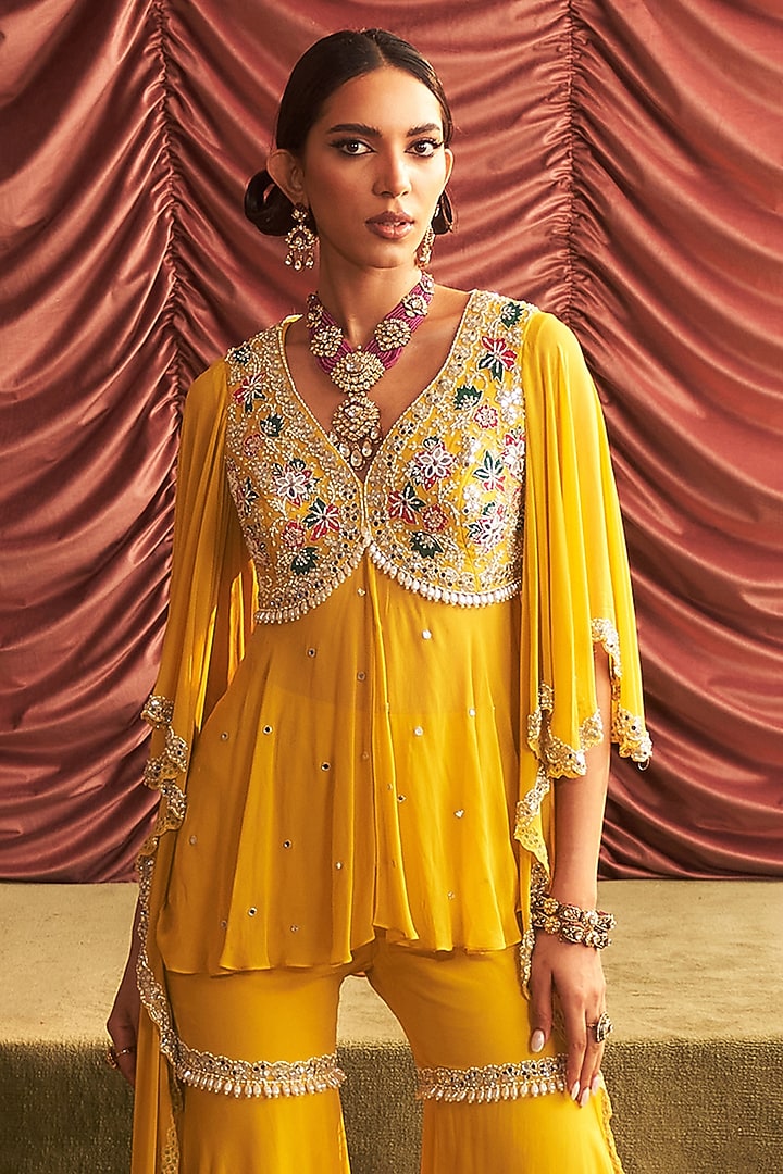 Yellow Georgette Gharara Set by Seema Thukral at Pernia's Pop Up Shop