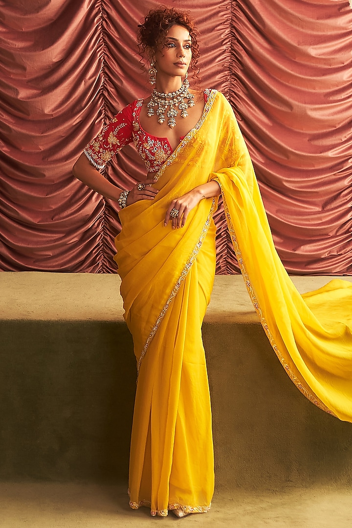 Yellow Organza Saree Set by Seema Thukral