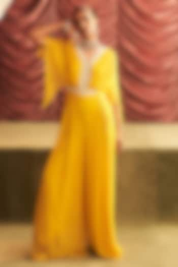 Yellow Chiffon Embellished Draped Jumpsuit by Seema Thukral at Pernia's Pop Up Shop