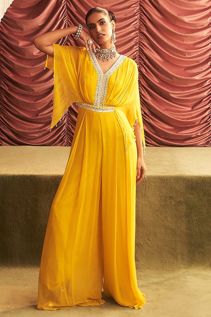 Yellow Chiffon Embellished Draped Jumpsuit by Seema Thukral at Pernia's Pop Up Shop