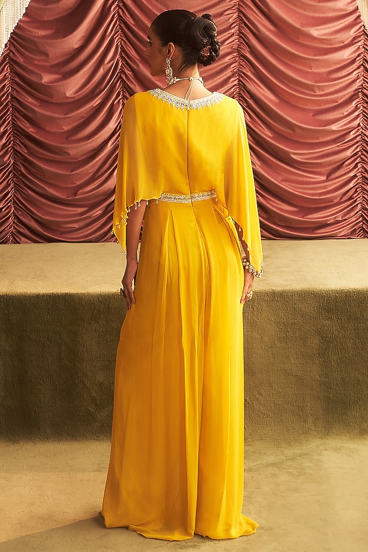 Yellow Chiffon Embellished Draped Jumpsuit by Seema Thukral at Pernia's Pop Up Shop