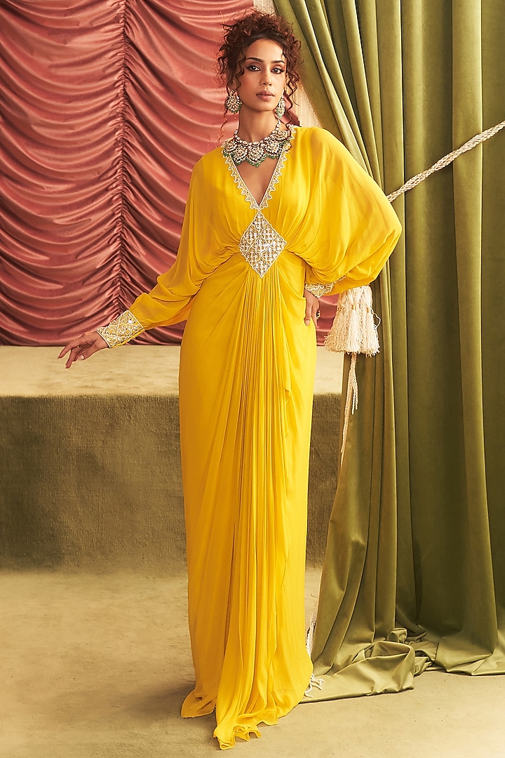 Yellow Georgette Embellished Draped Maxi Dress by Seema Thukral at Pernia's Pop Up Shop