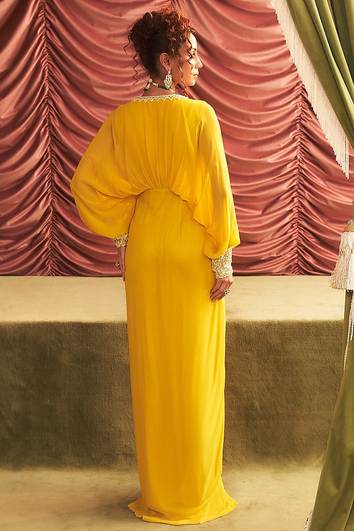Yellow Georgette Embellished Draped Maxi Vacation Dress by Seema Thukral at Pernia's Pop Up Shop