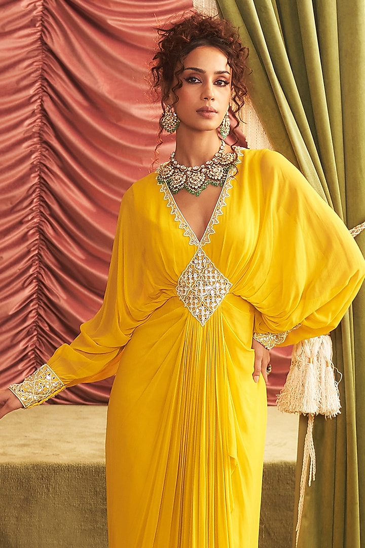 Yellow Georgette Embellished Draped Maxi Dress by Seema Thukral at 
