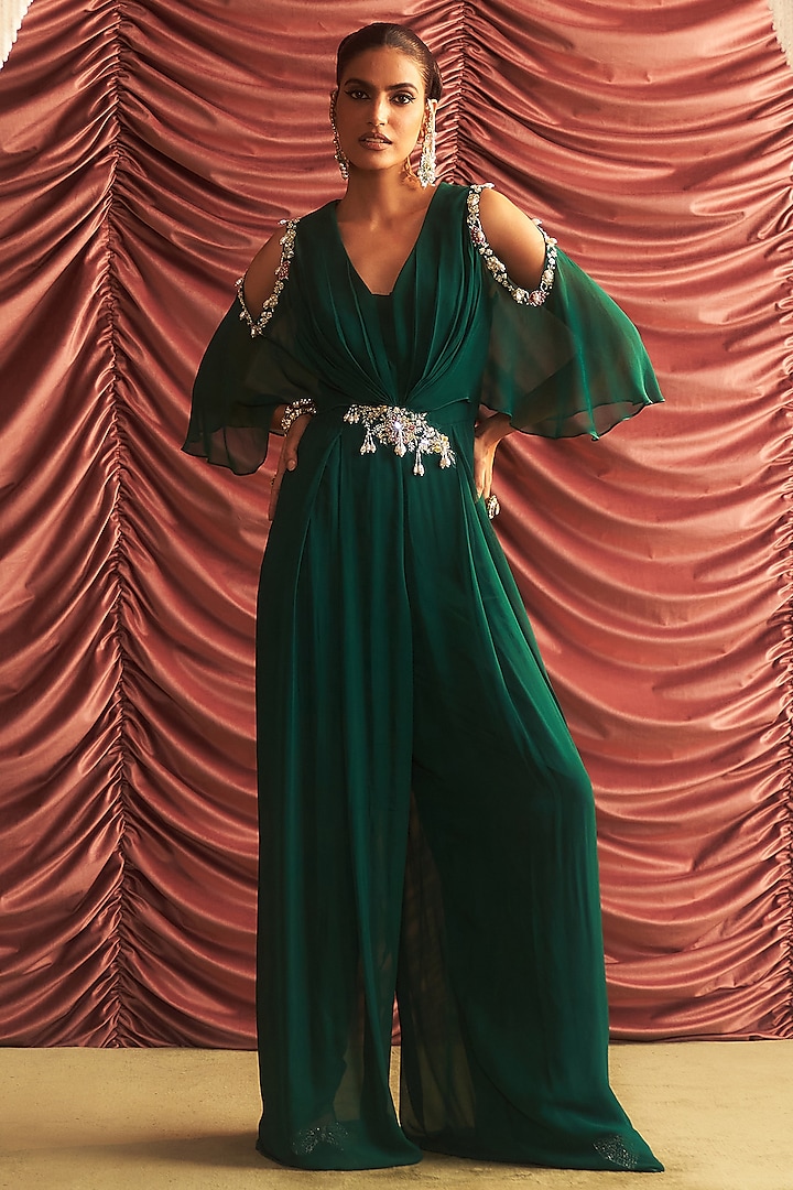 Emerald Green Chiffon Embellished Draped Jumpsuit by Seema Thukral at Pernia's Pop Up Shop