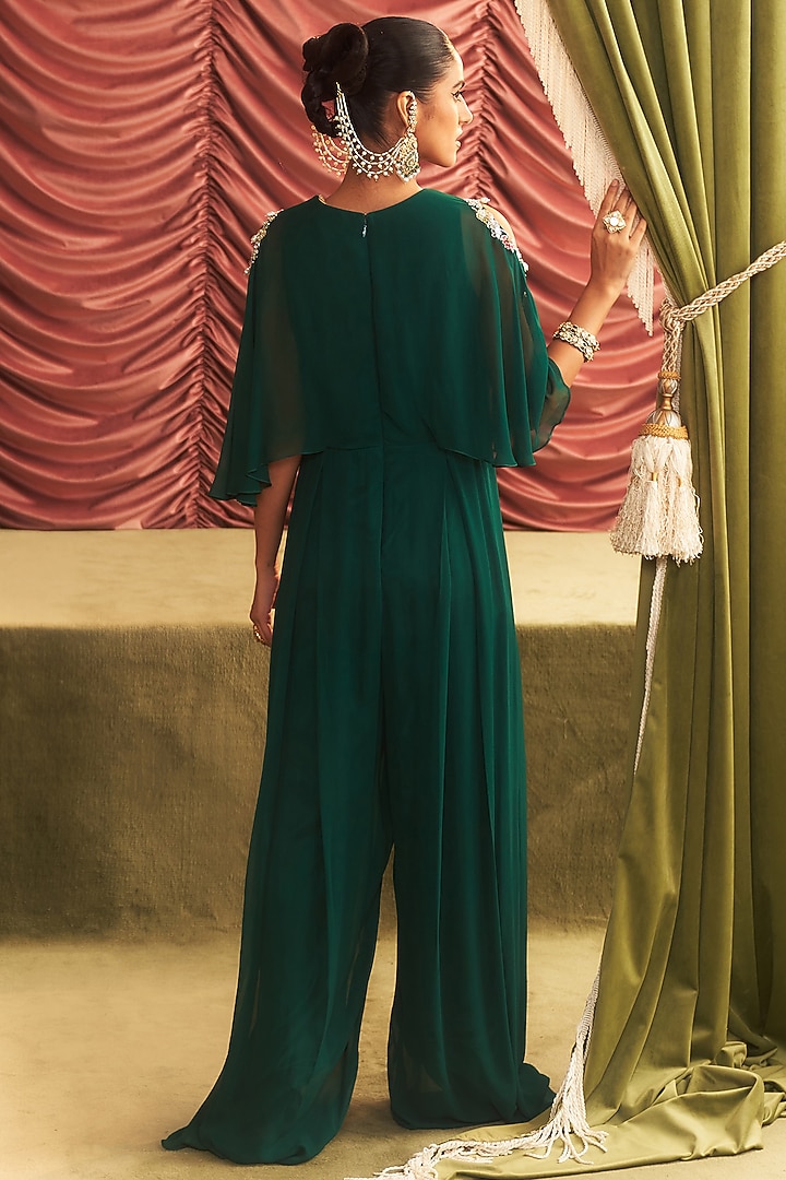 Emerald Green Chiffon Embellished Draped Jumpsuit by Seema Thukral at Pernia's Pop Up Shop