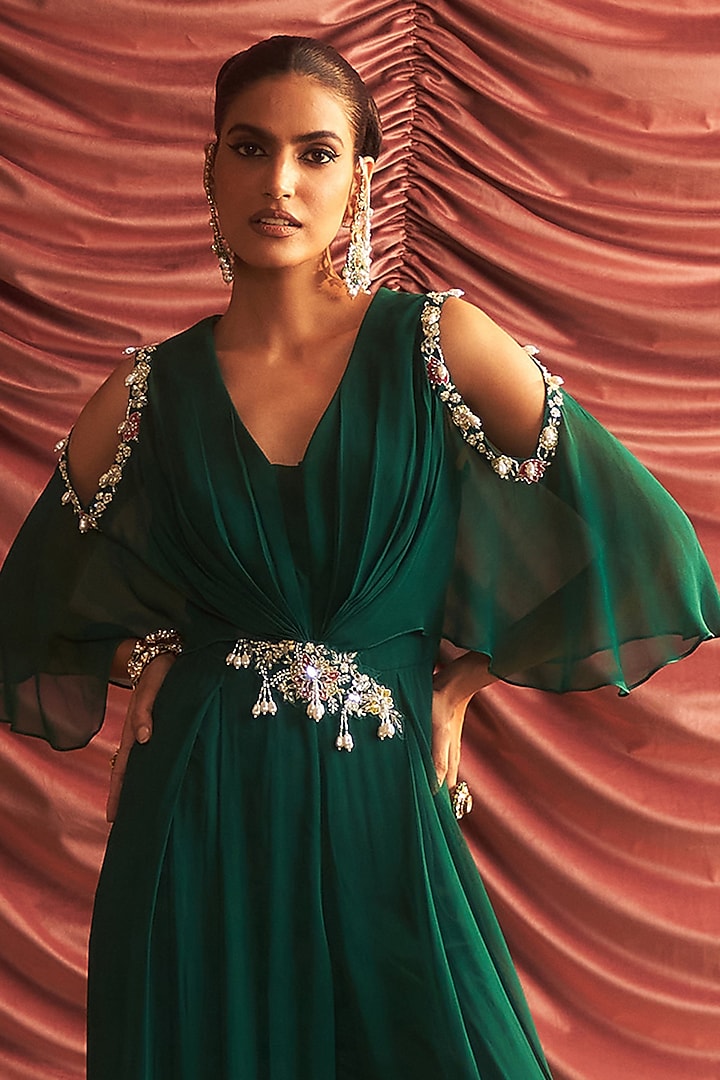 Emerald Green Chiffon Embellished Draped Jumpsuit by Seema Thukral