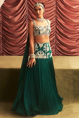 Emerald Green Georgette & Chiffon Hand Embroidered Lehenga Set by Seema Thukral