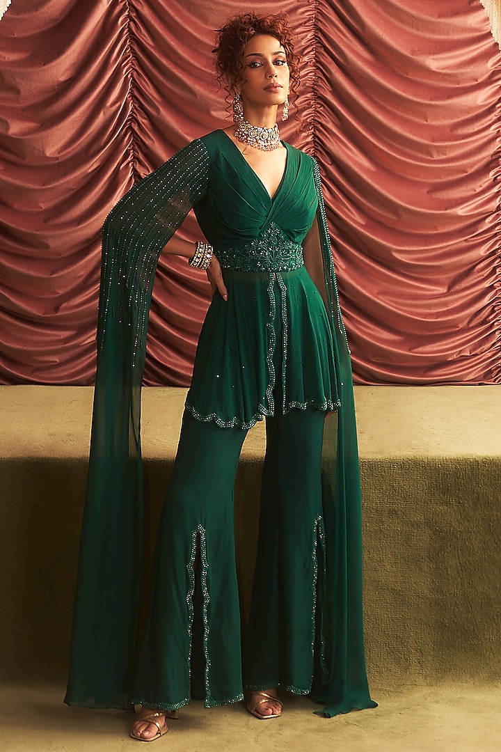 Emerald Green Georgette Embellished Co-Ord Set by Seema Thukral