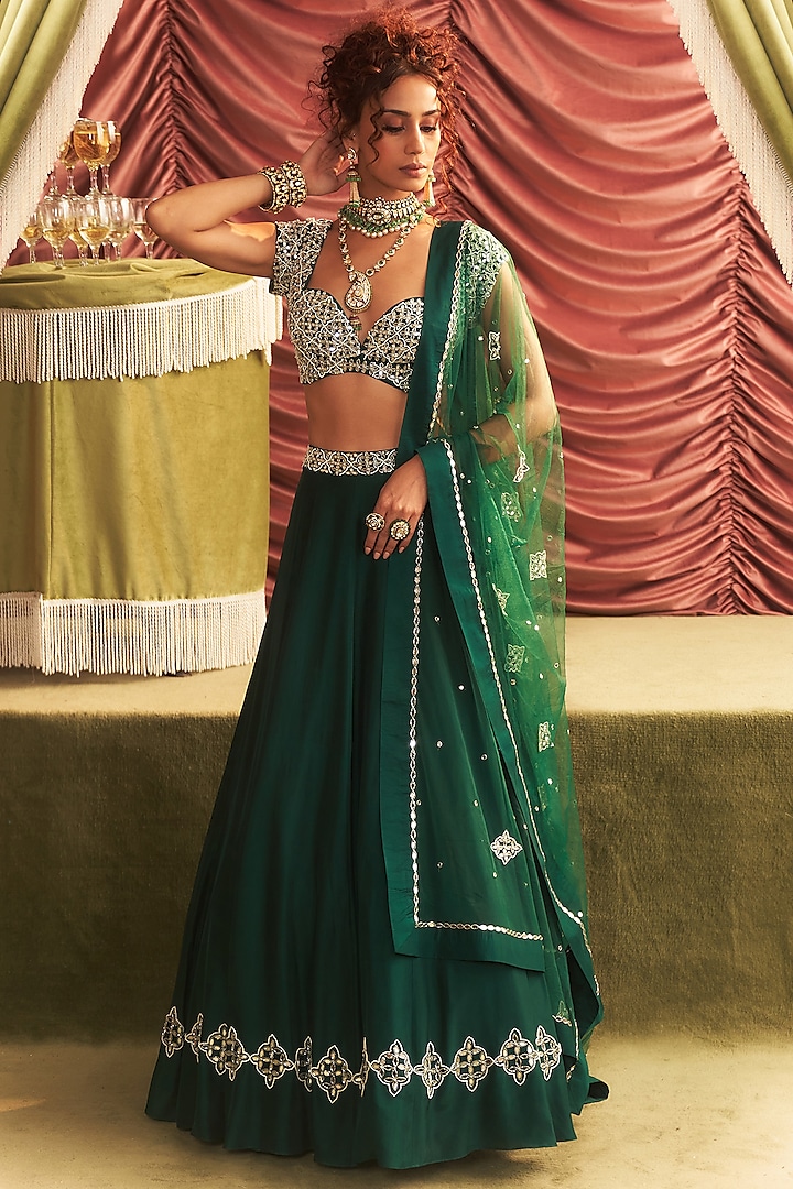 Emerald Green Georgette & Habutai Silk Hand Embroidered Wedding Lehenga Set by Seema Thukral at Pernia's Pop Up Shop