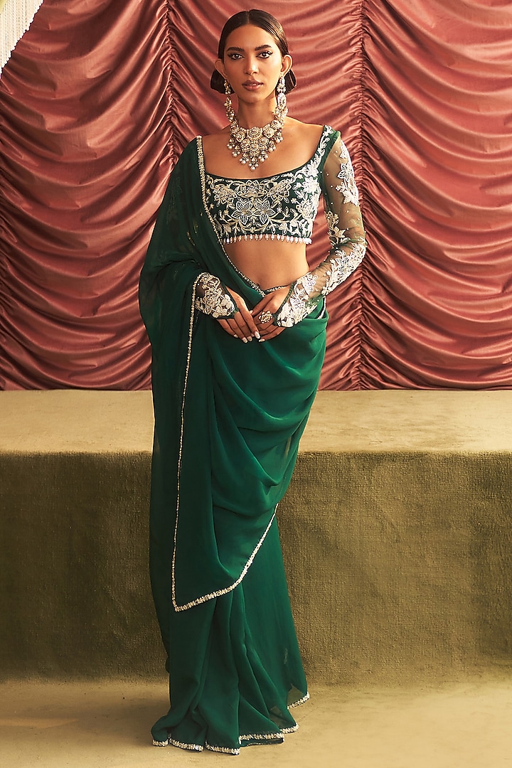 Emerald Green Organza Saree Set by Seema Thukral at Pernia's Pop Up Shop