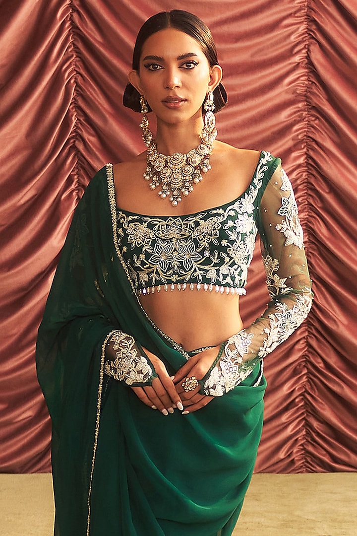 Emerald Green Organza Wedding Saree Set by Seema Thukral at Pernia's Pop Up Shop