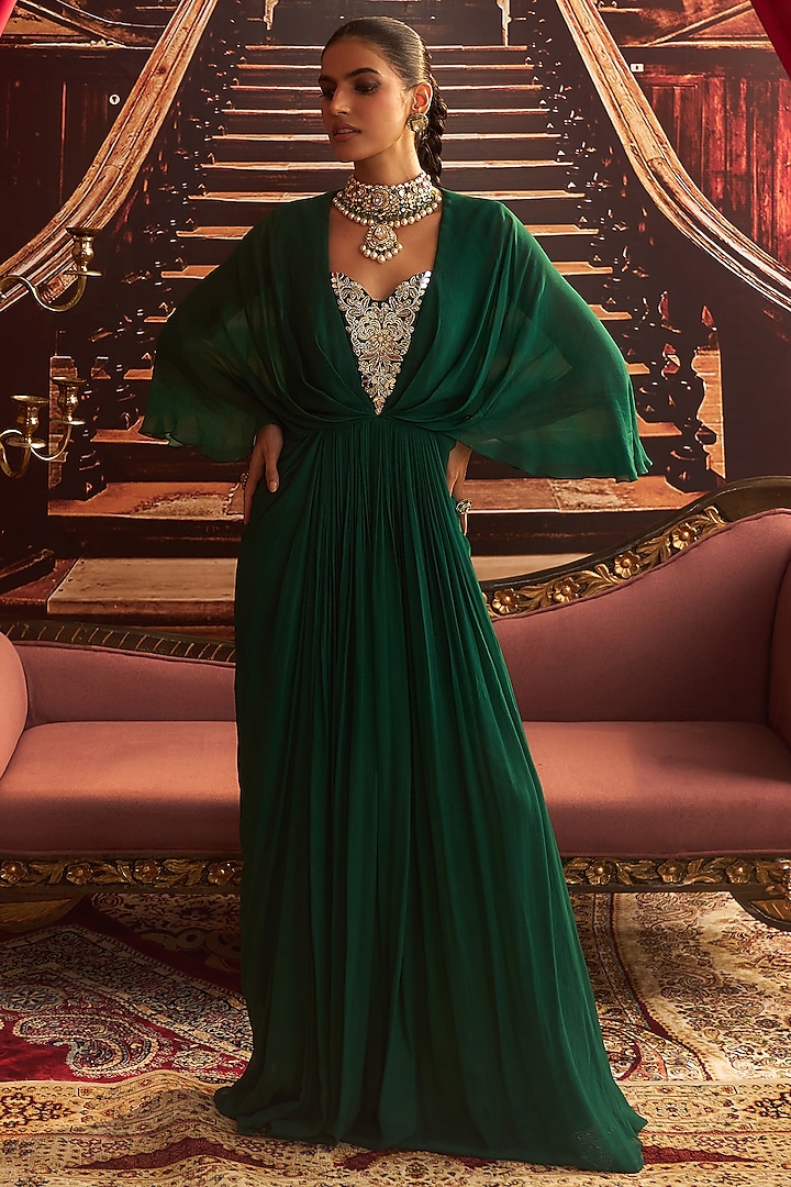 Emerald Green Georgette Embellished Draped Maxi Dress by Seema Thukral at Pernia's Pop Up Shop