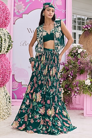 Emerald Green Georgette Printed & Embellished Jacket Lehenga Set by Seema Thukral