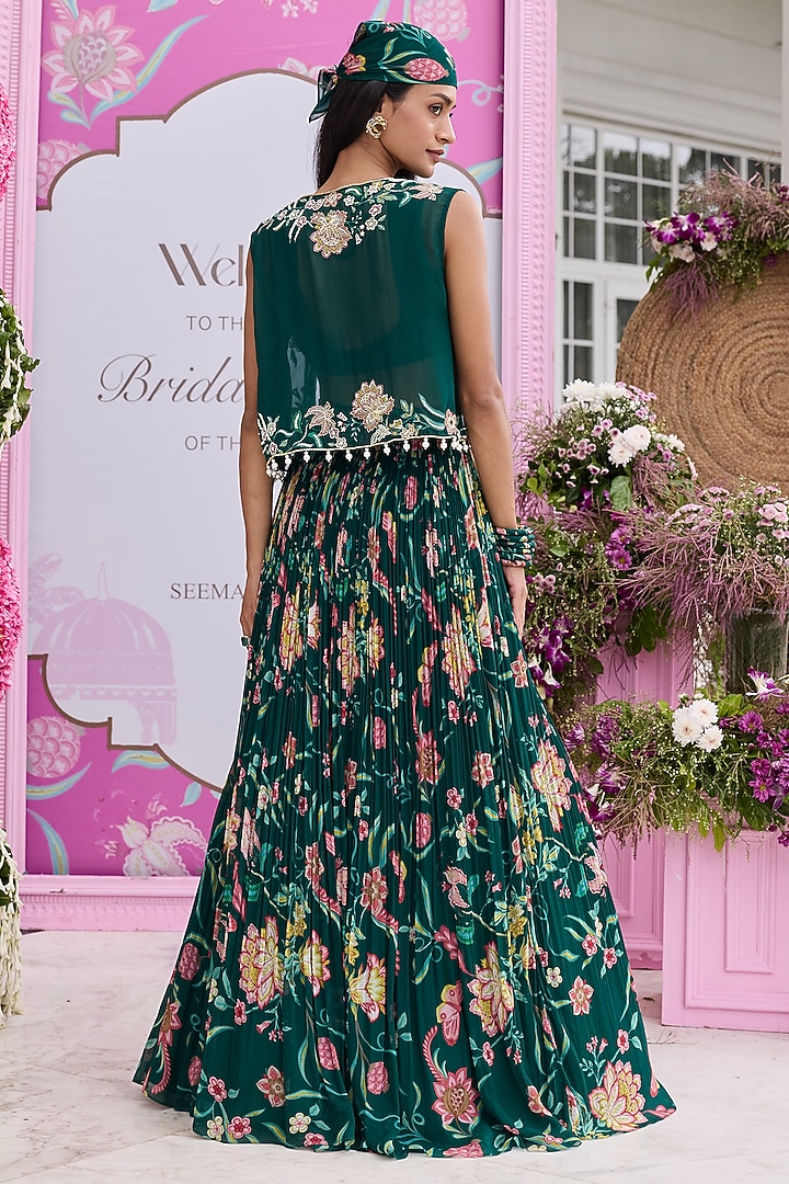 Emerald Green Georgette Printed & Embellished Jacket Wedding Lehenga Set by Seema Thukral at Pernia's Pop Up Shop