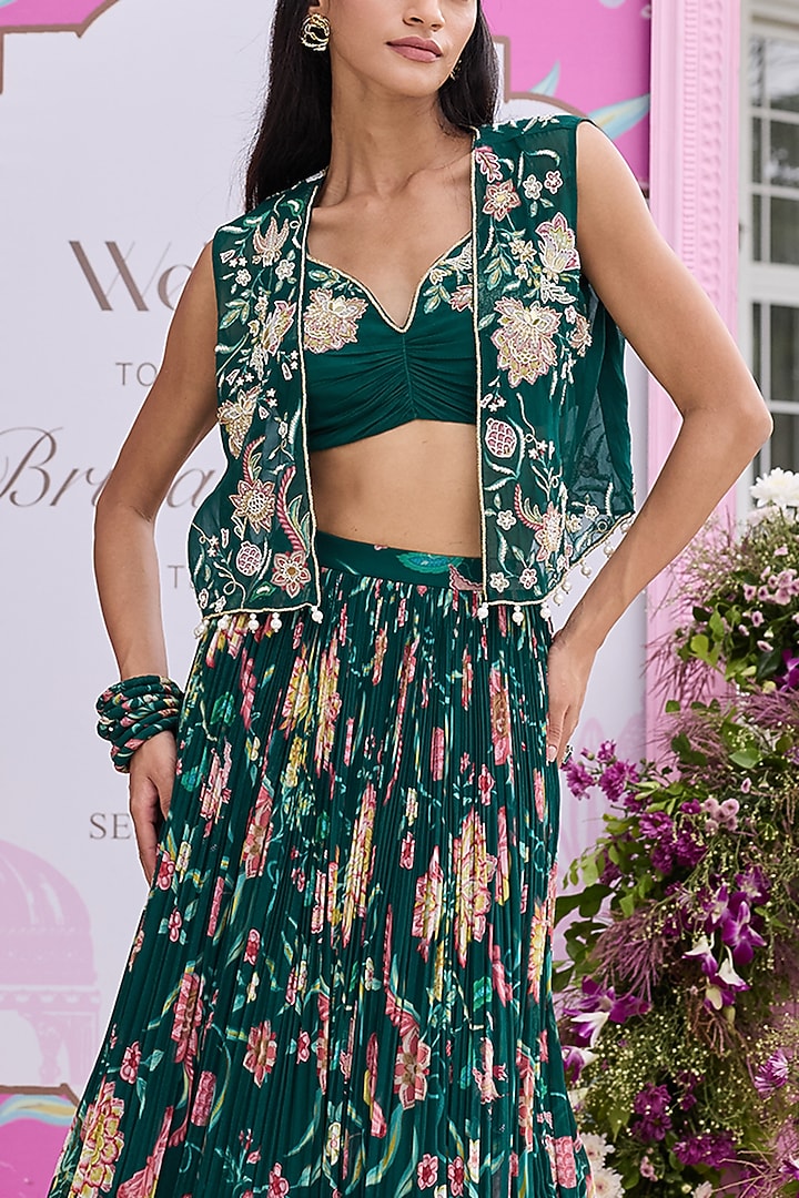 Emerald Green Georgette Printed & Embellished Jacket Wedding Lehenga Set by Seema Thukral at Pernia's Pop Up Shop